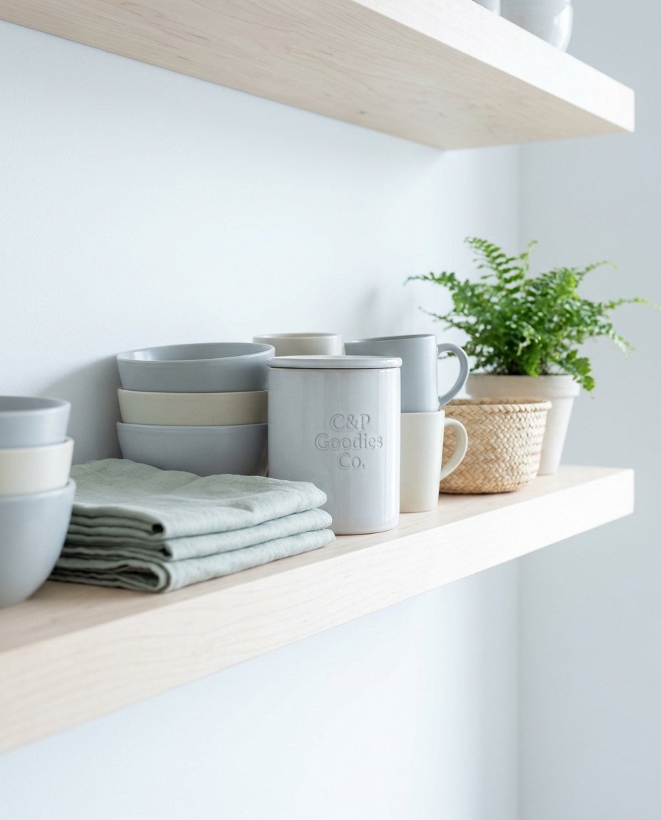 Everyday goods on an open shelf